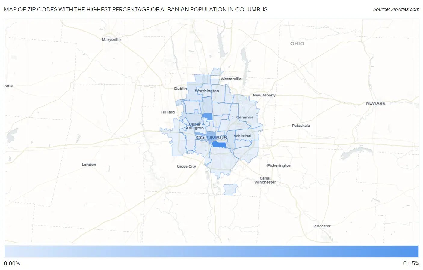 Zip Codes with the Highest Percentage of Albanian Population in Columbus Map