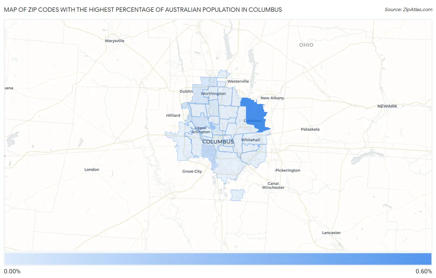 Zip Codes with the Highest Percentage of Australian Population in Columbus Map