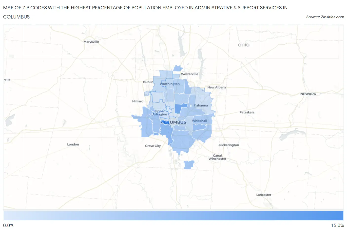 Zip Codes with the Highest Percentage of Population Employed in Administrative & Support Services in Columbus Map