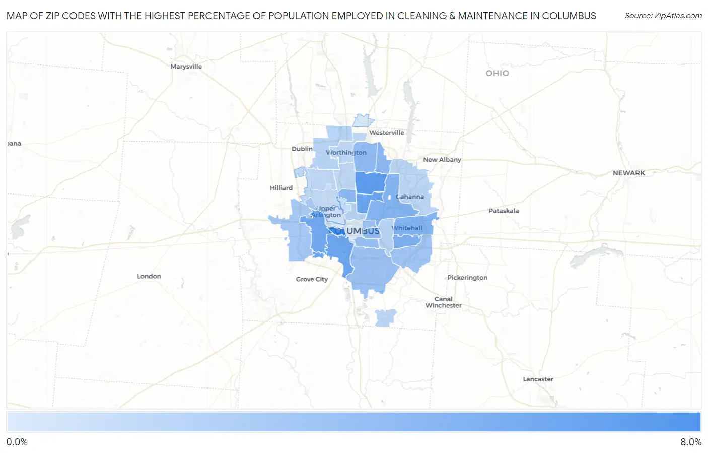Zip Codes with the Highest Percentage of Population Employed in Cleaning & Maintenance in Columbus Map