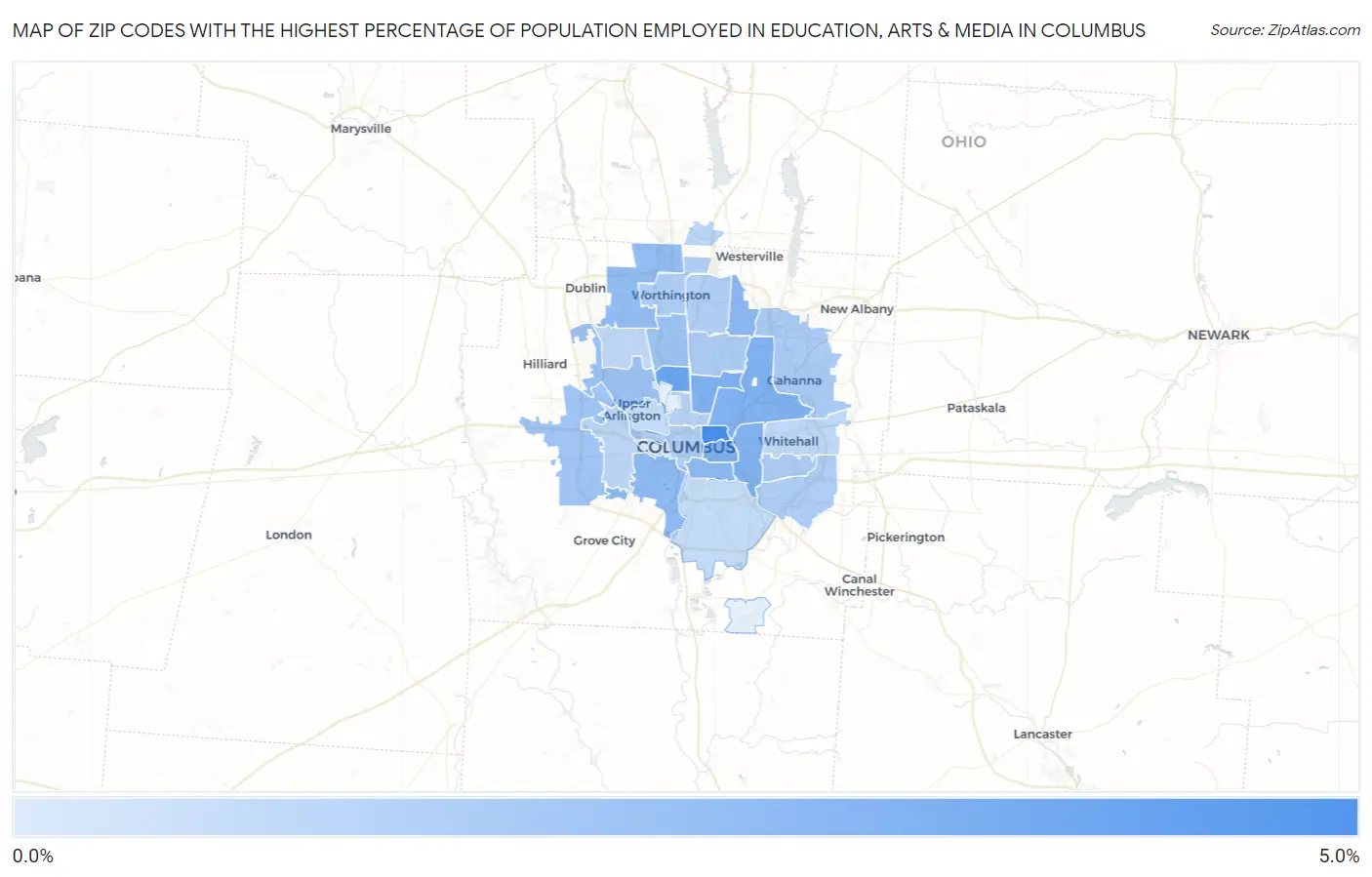 Zip Codes with the Highest Percentage of Population Employed in Education, Arts & Media in Columbus Map