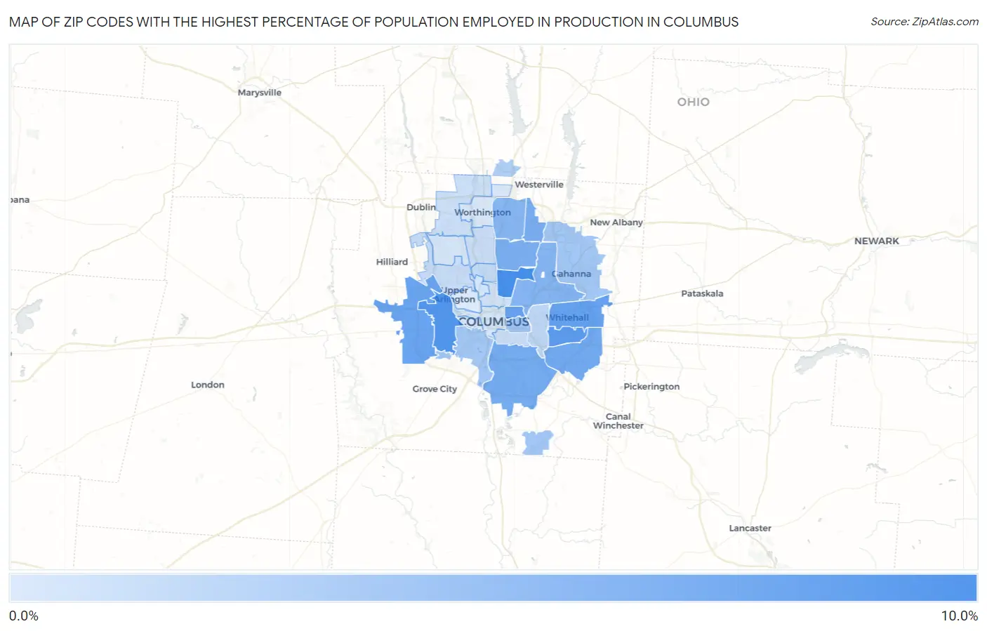 Zip Codes with the Highest Percentage of Population Employed in Production in Columbus Map