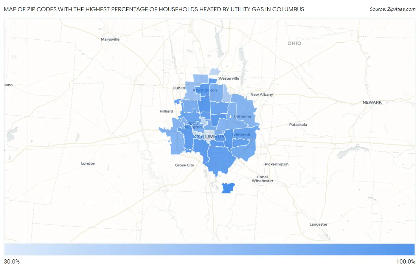 Zip Codes with the Highest Percentage of Households Heated by Utility Gas in Columbus Map