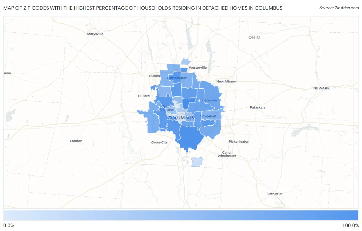 Zip Codes with the Highest Percentage of Households Residing in Detached Homes in Columbus Map