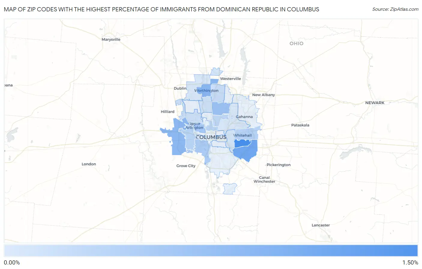 Zip Codes with the Highest Percentage of Immigrants from Dominican Republic in Columbus Map
