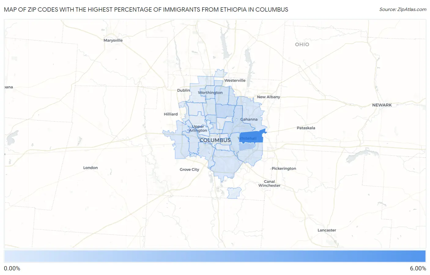 Zip Codes with the Highest Percentage of Immigrants from Ethiopia in Columbus Map
