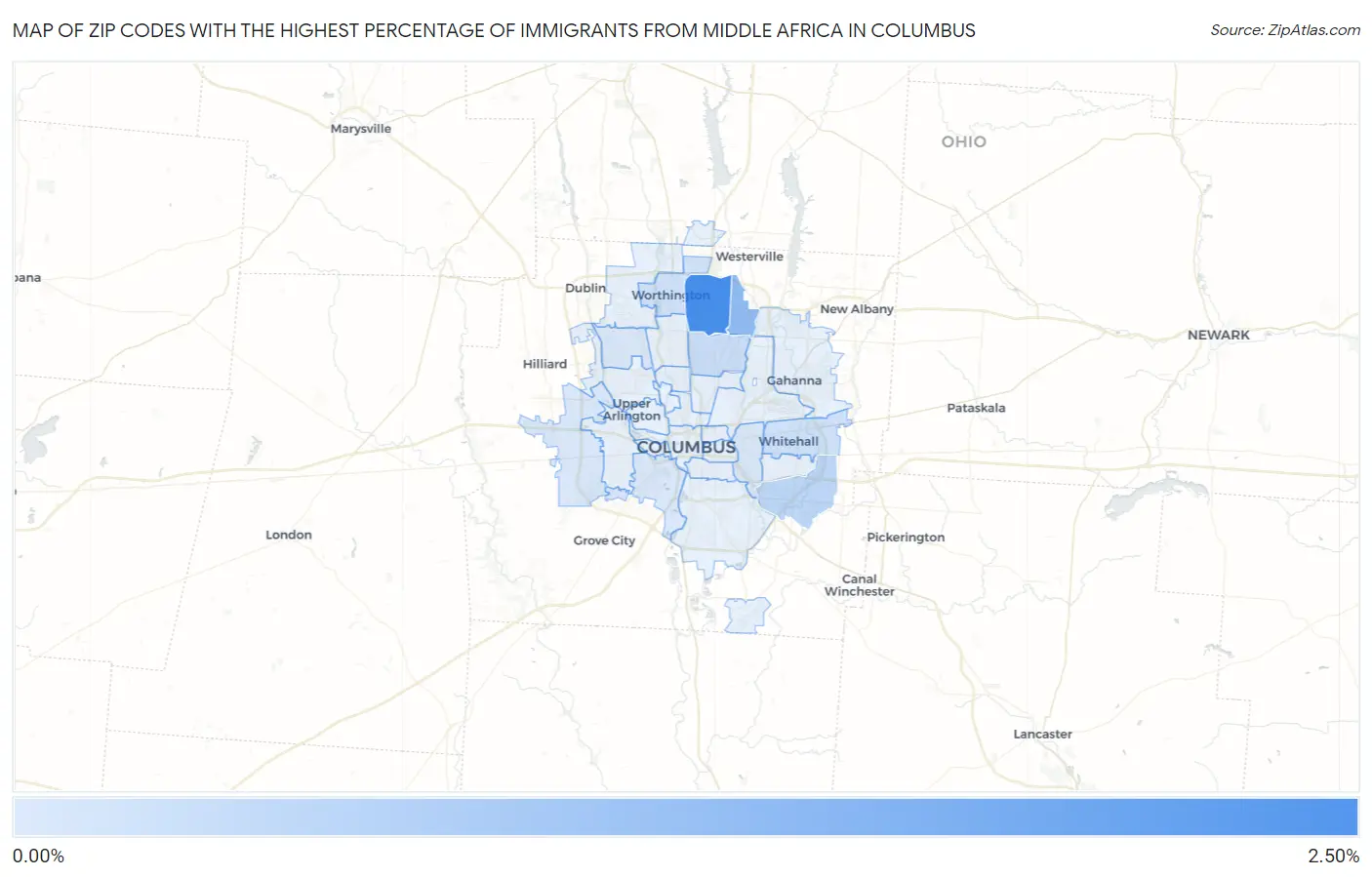 Zip Codes with the Highest Percentage of Immigrants from Middle Africa in Columbus Map