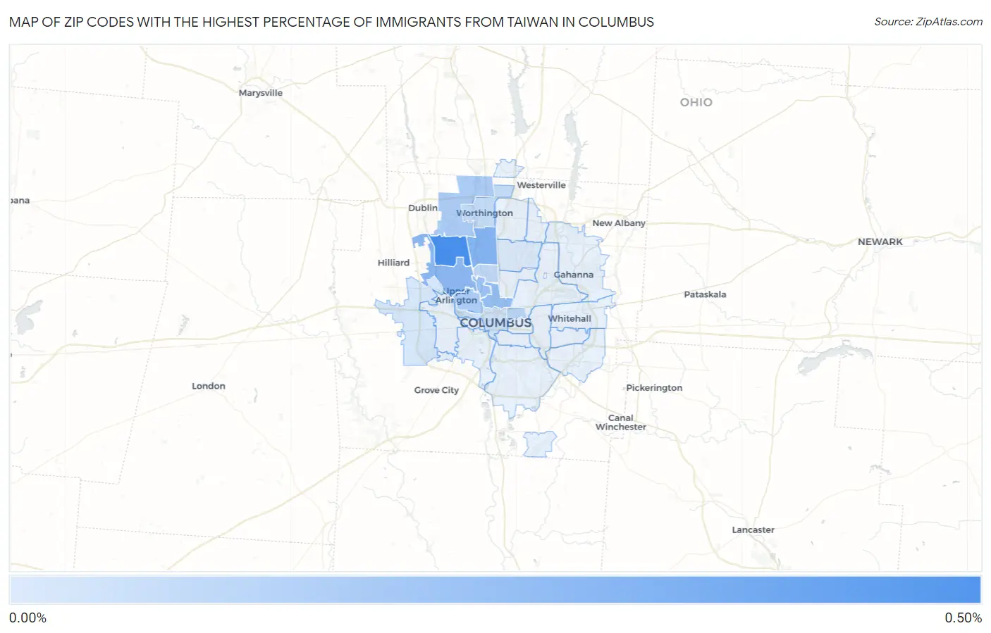 Zip Codes with the Highest Percentage of Immigrants from Taiwan in Columbus Map