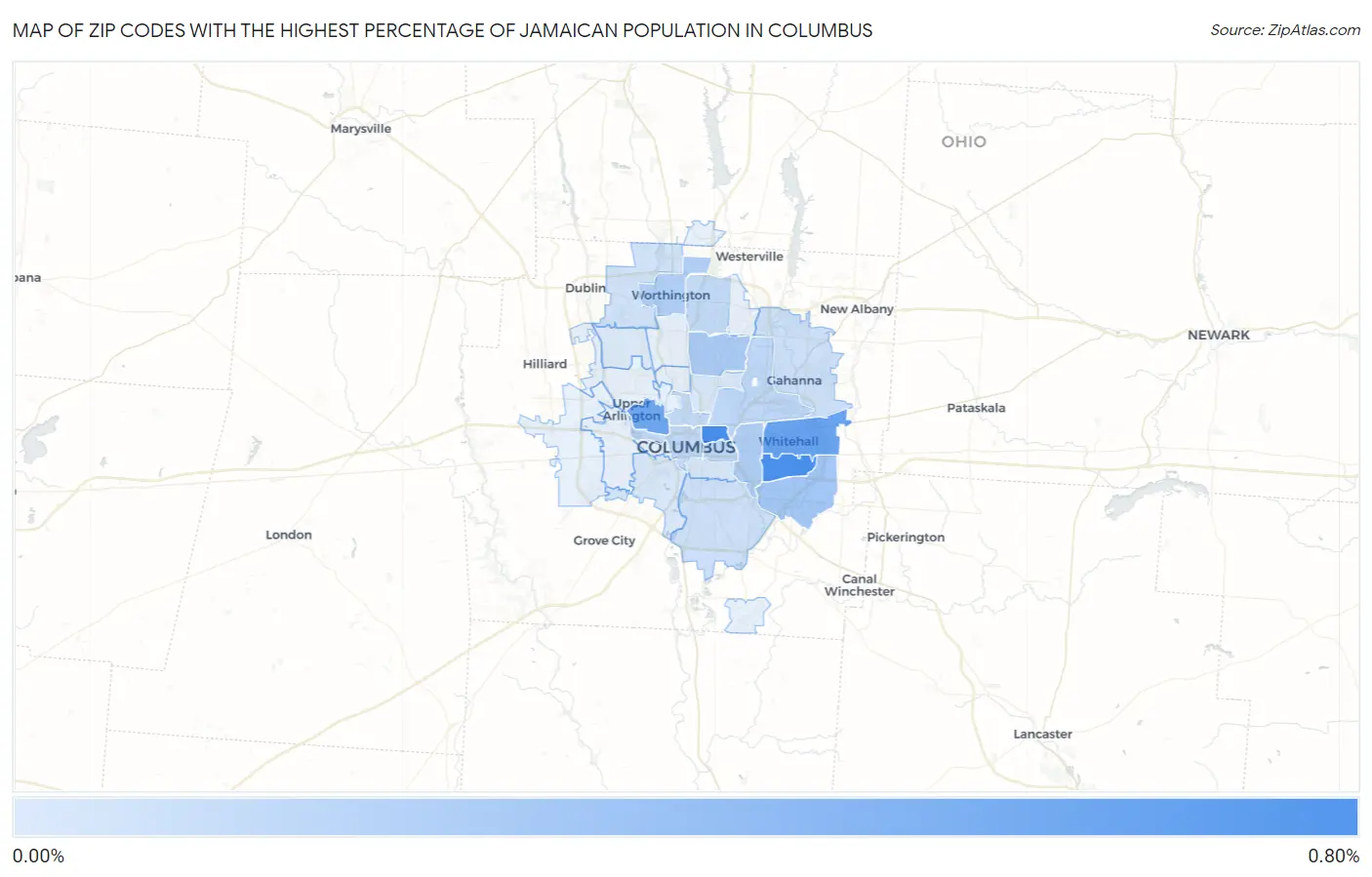 Zip Codes with the Highest Percentage of Jamaican Population in Columbus Map