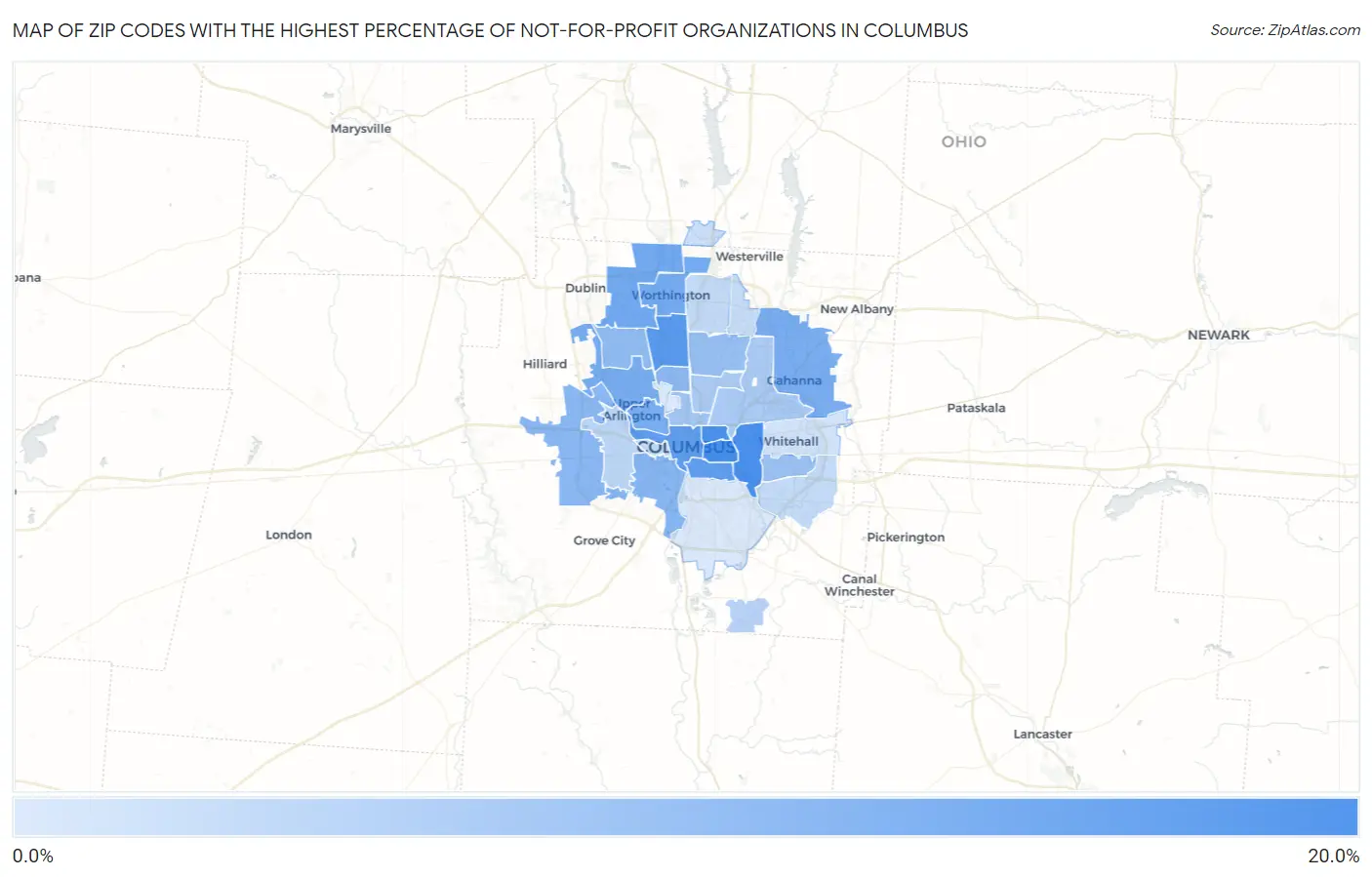 Zip Codes with the Highest Percentage of Not-for-profit Organizations in Columbus Map