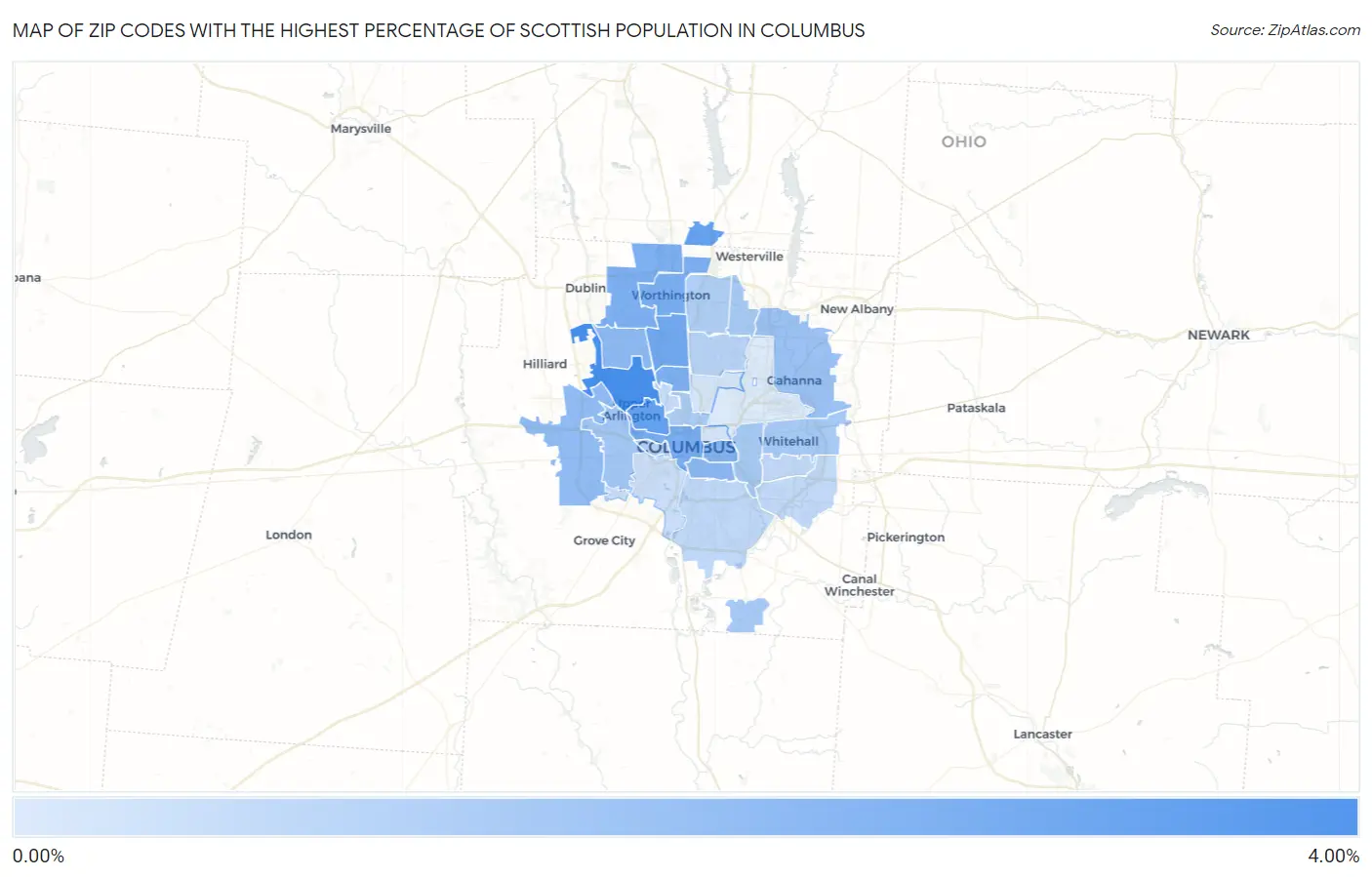 Zip Codes with the Highest Percentage of Scottish Population in Columbus Map