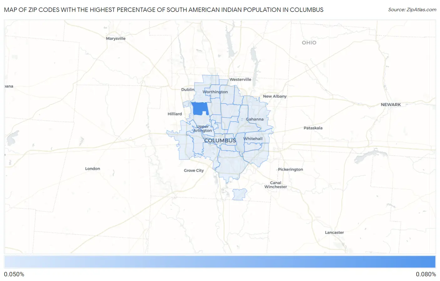 Zip Codes with the Highest Percentage of South American Indian Population in Columbus Map