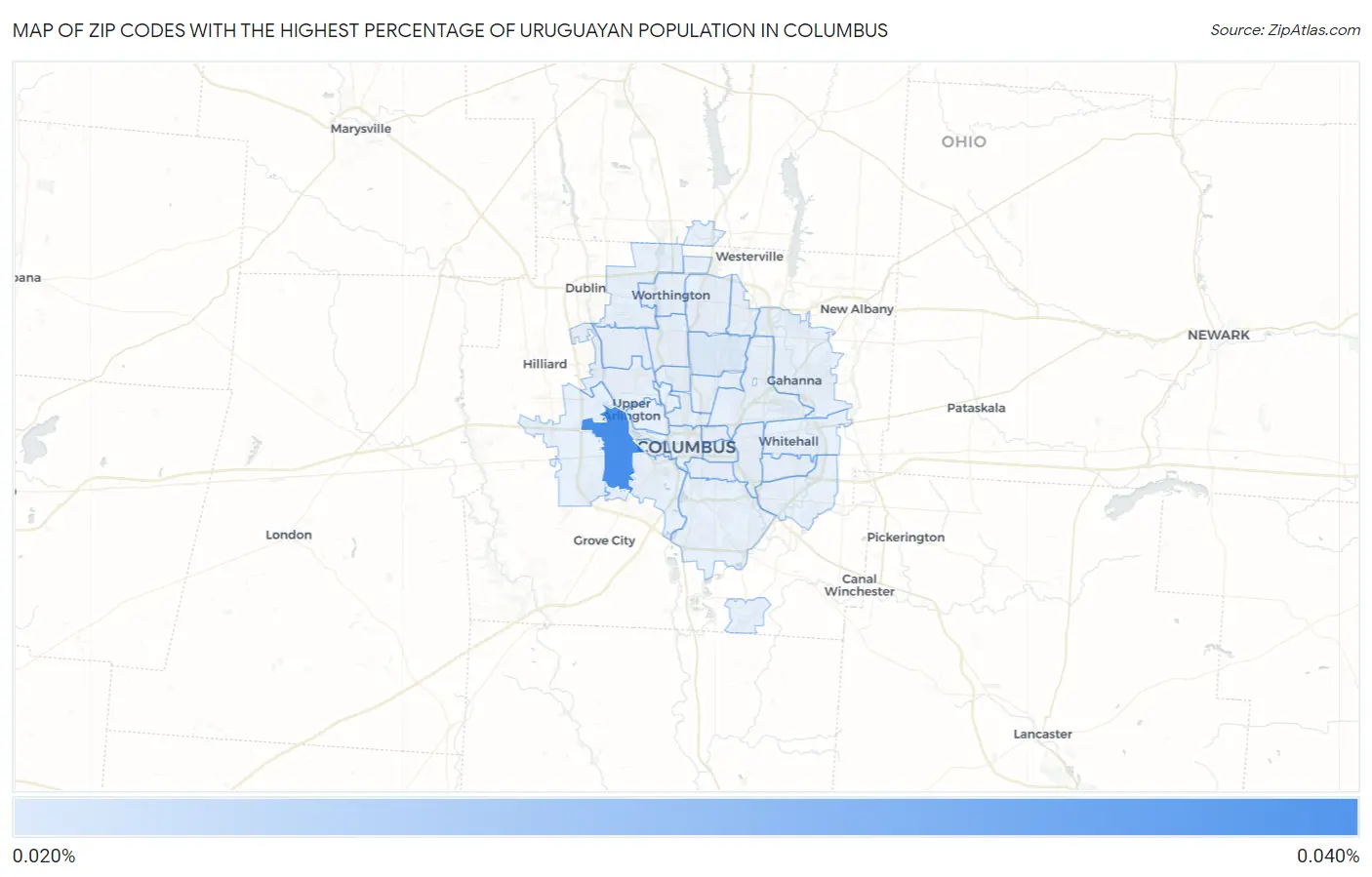 Zip Codes with the Highest Percentage of Uruguayan Population in Columbus Map