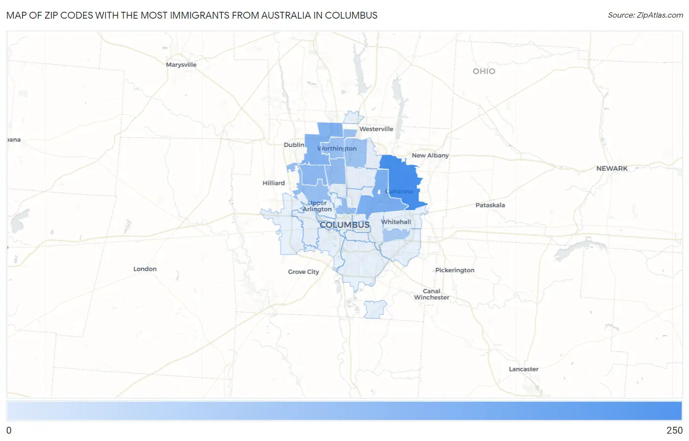 Zip Codes with the Most Immigrants from Australia in Columbus Map