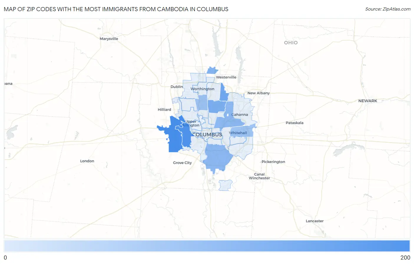 Zip Codes with the Most Immigrants from Cambodia in Columbus Map
