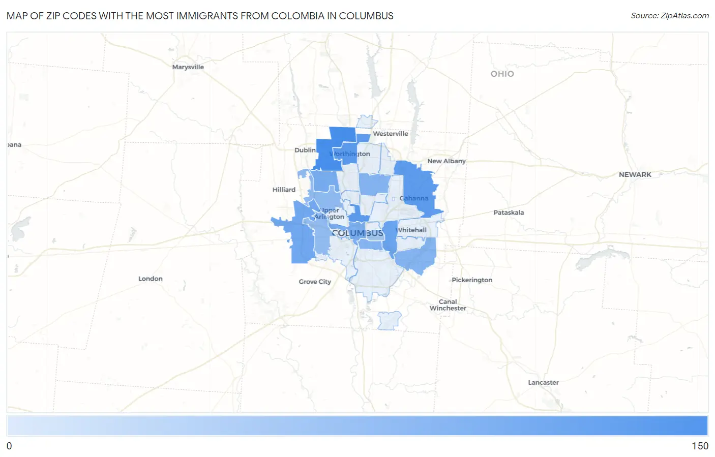 Zip Codes with the Most Immigrants from Colombia in Columbus Map