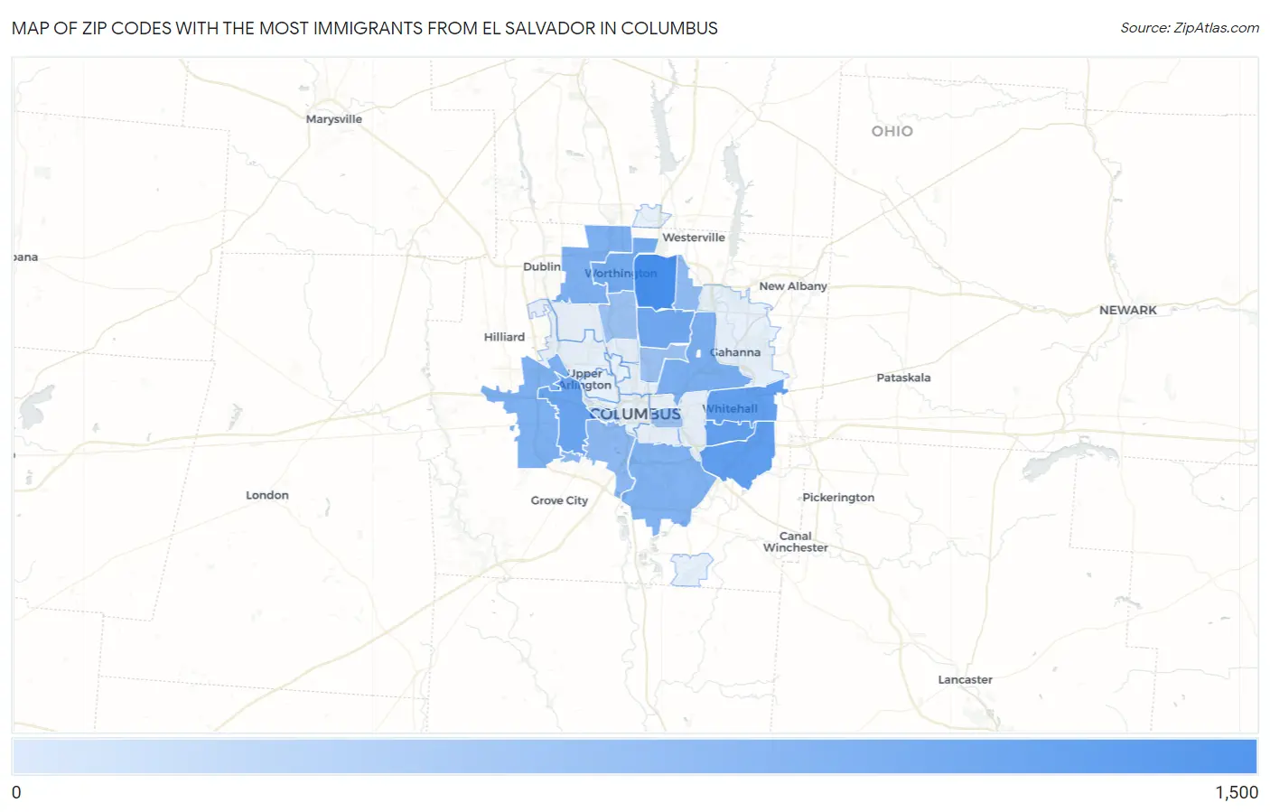 Zip Codes with the Most Immigrants from El Salvador in Columbus Map