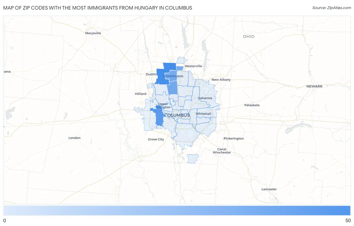 Zip Codes with the Most Immigrants from Hungary in Columbus Map