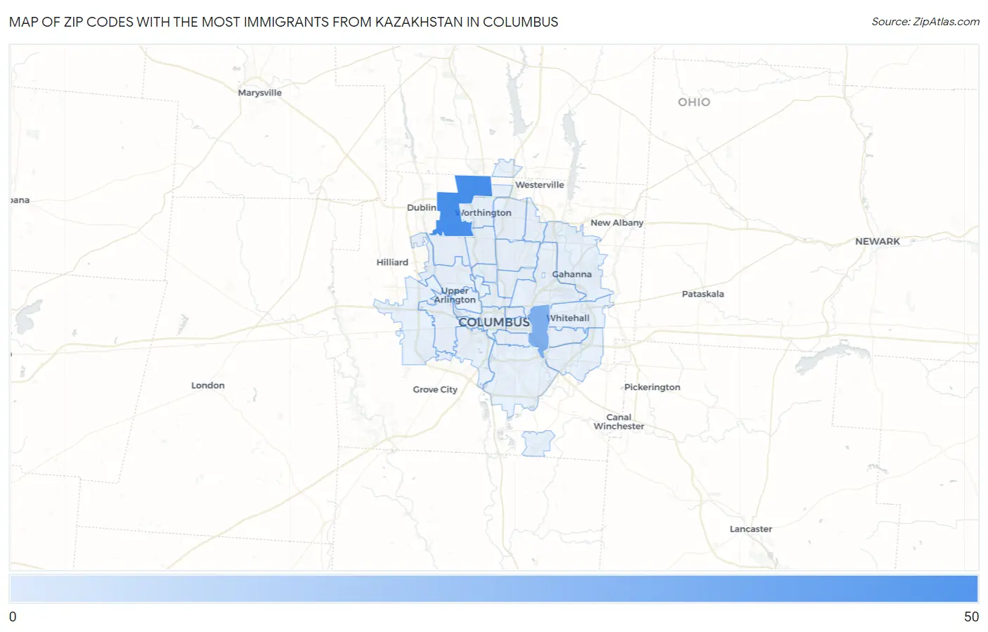 Zip Codes with the Most Immigrants from Kazakhstan in Columbus Map