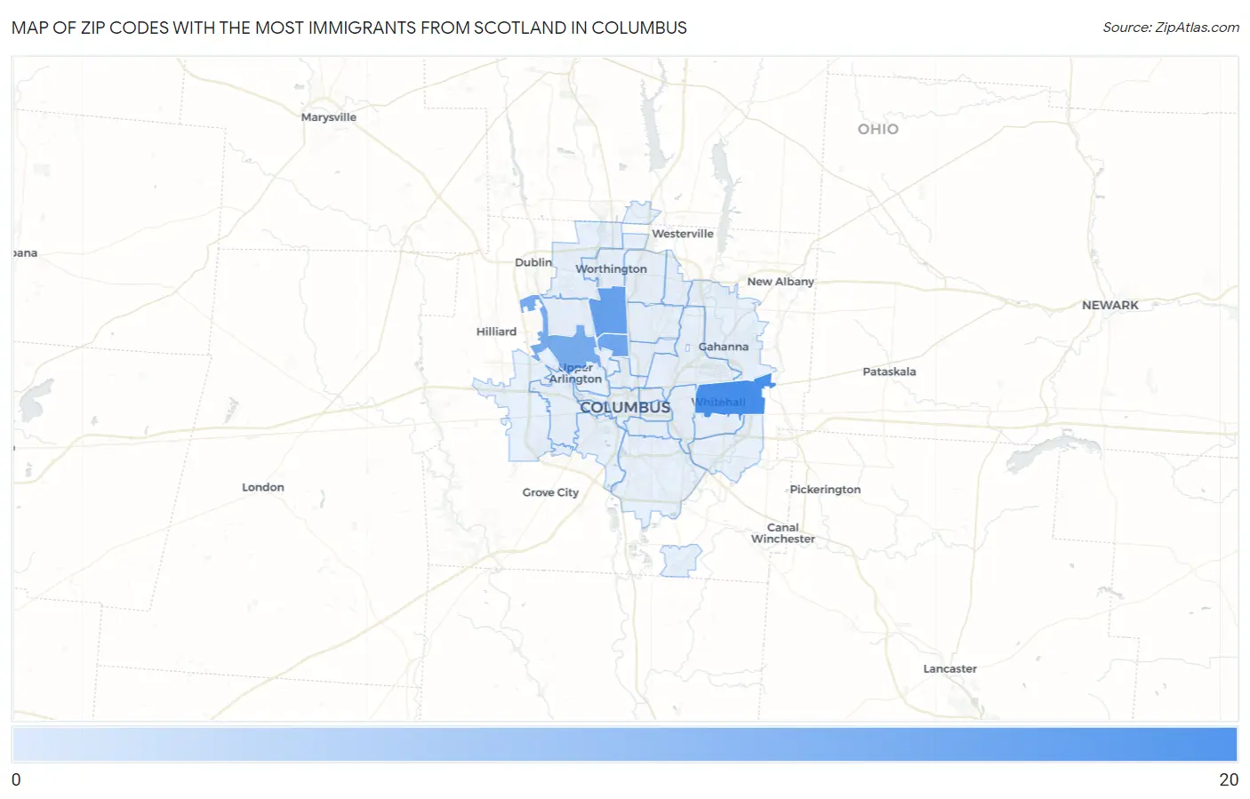 Zip Codes with the Most Immigrants from Scotland in Columbus Map