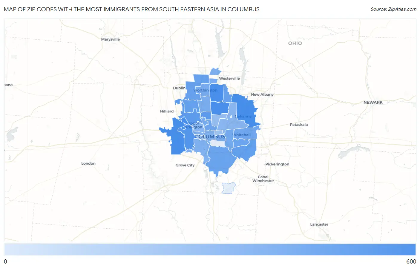 Zip Codes with the Most Immigrants from South Eastern Asia in Columbus Map