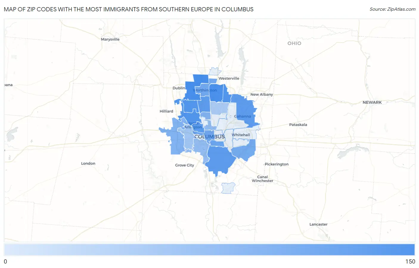 Zip Codes with the Most Immigrants from Southern Europe in Columbus Map