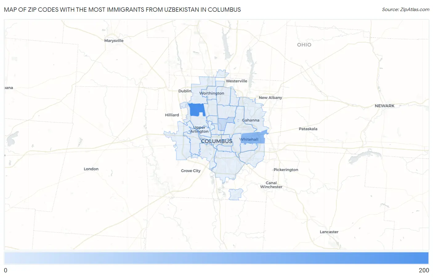 Zip Codes with the Most Immigrants from Uzbekistan in Columbus Map