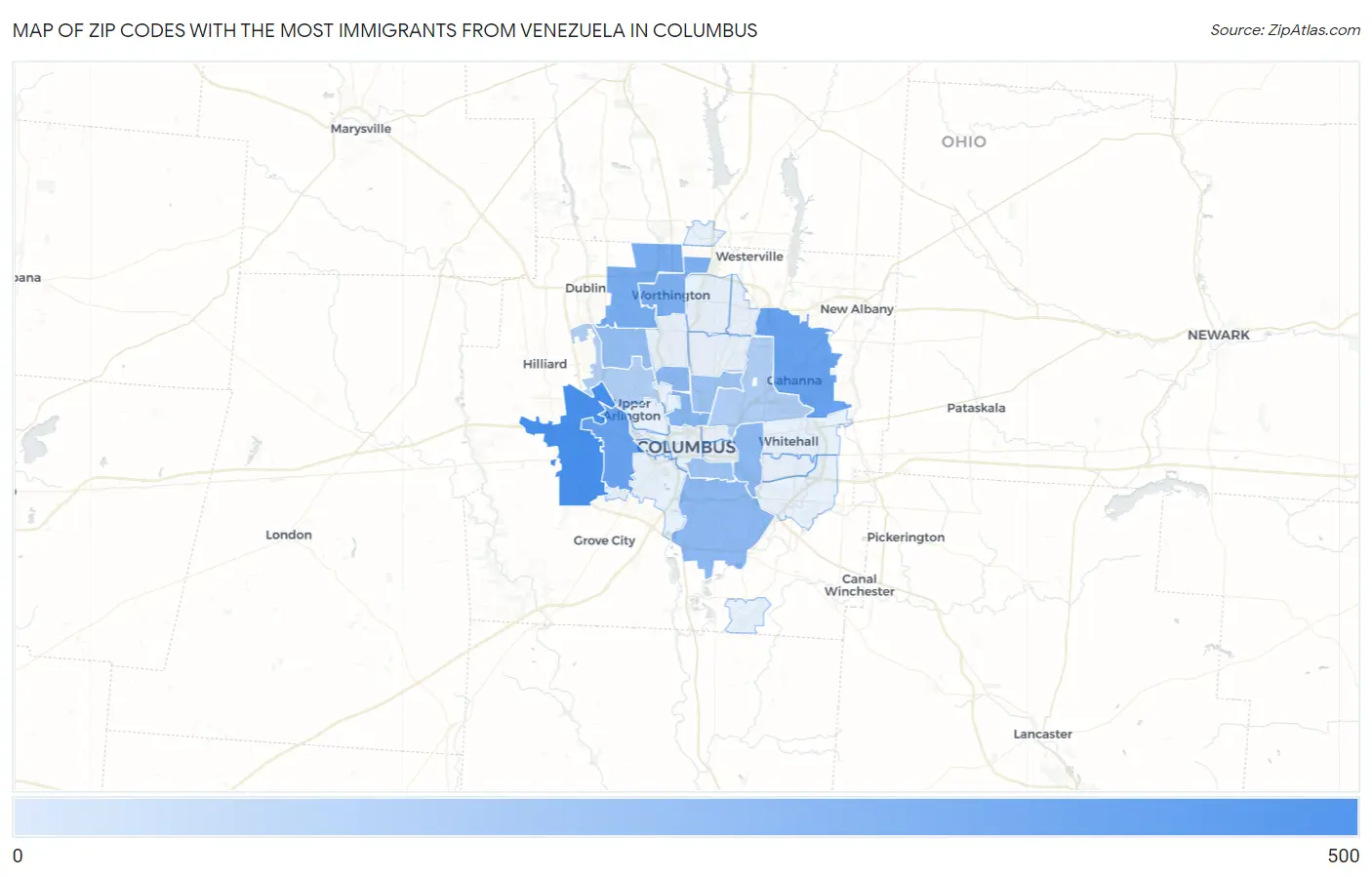 Zip Codes with the Most Immigrants from Venezuela in Columbus Map