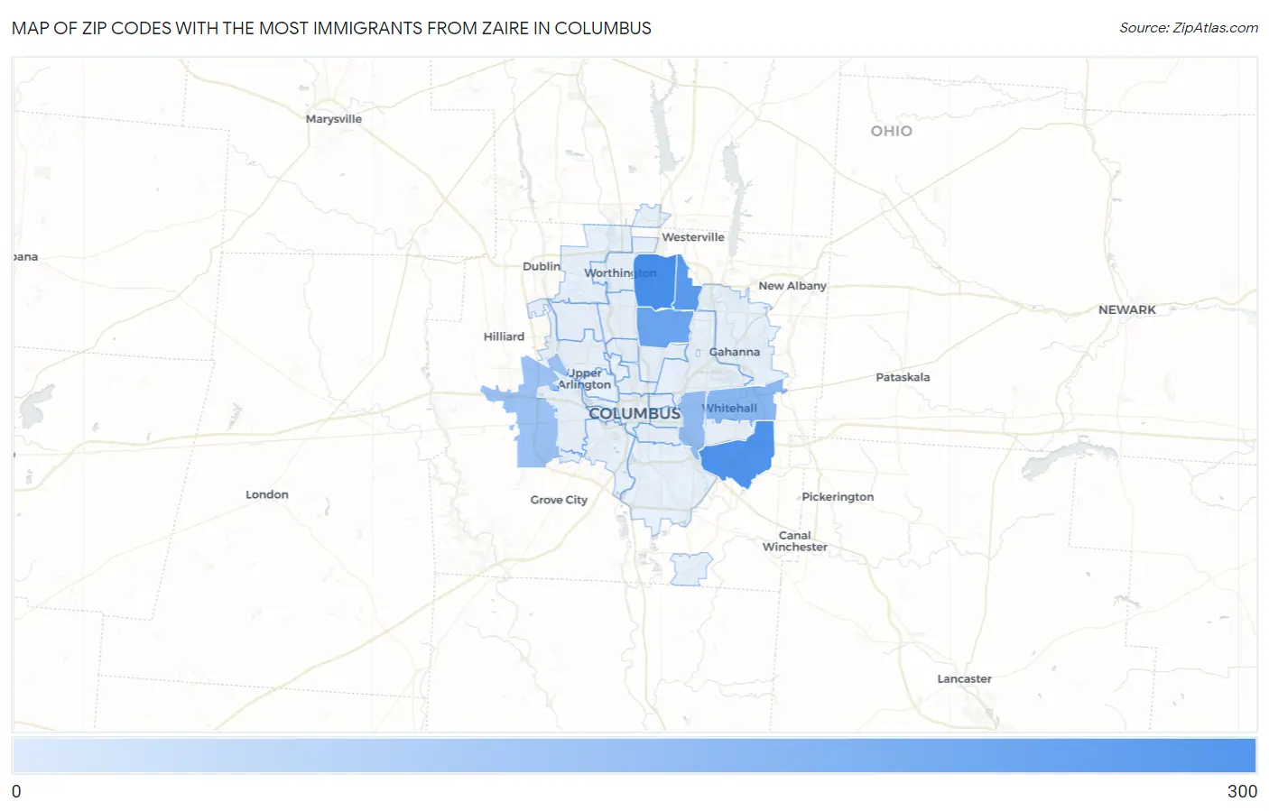 Zip Codes with the Most Immigrants from Zaire in Columbus Map