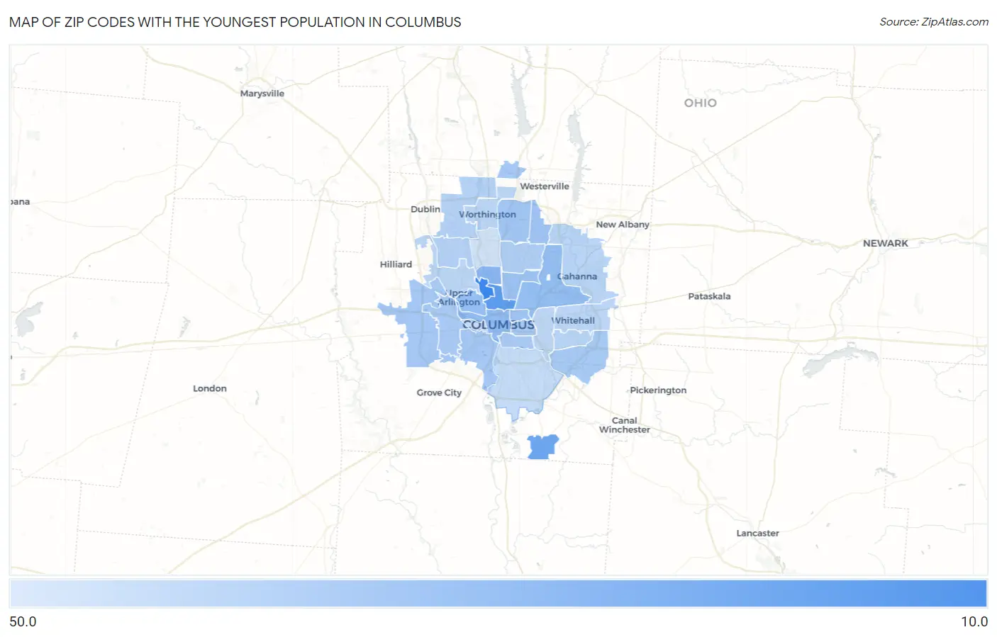 Zip Codes with the Youngest Population in Columbus Map