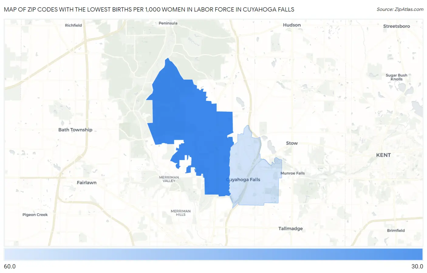 Zip Codes with the Lowest Births per 1,000 Women in Labor Force in Cuyahoga Falls Map