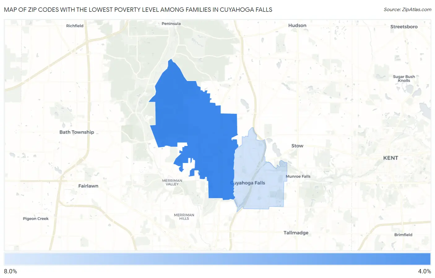 Zip Codes with the Lowest Poverty Level Among Families in Cuyahoga Falls Map