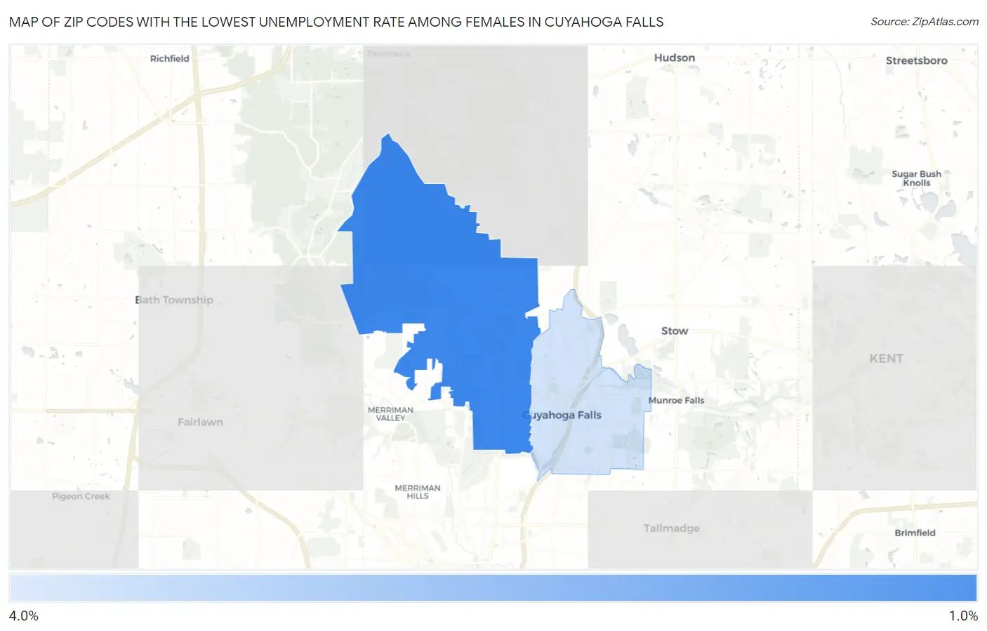 Zip Codes with the Lowest Unemployment Rate Among Females in Cuyahoga Falls Map