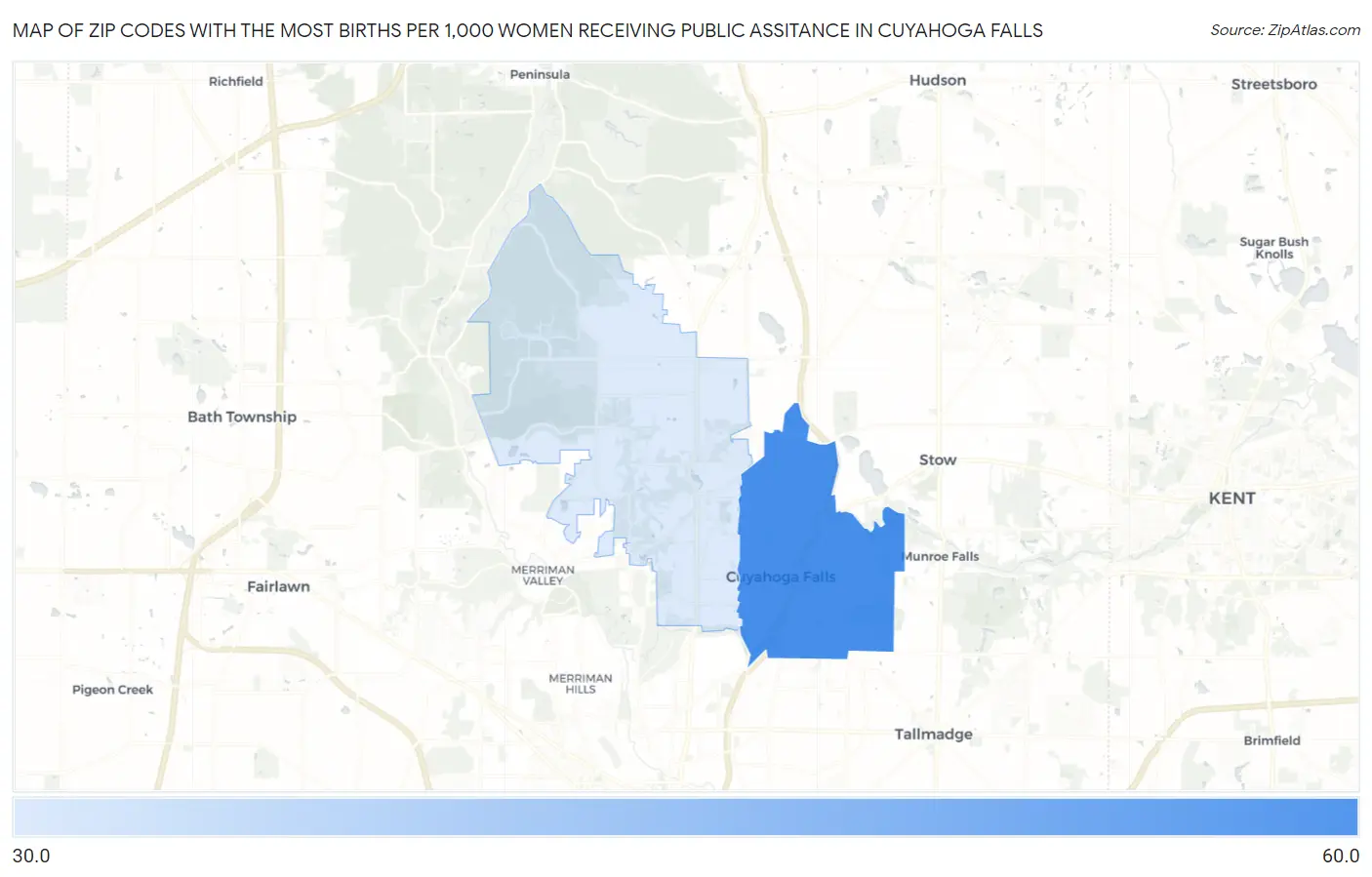 Zip Codes with the Most Births per 1,000 Women Receiving Public Assitance in Cuyahoga Falls Map