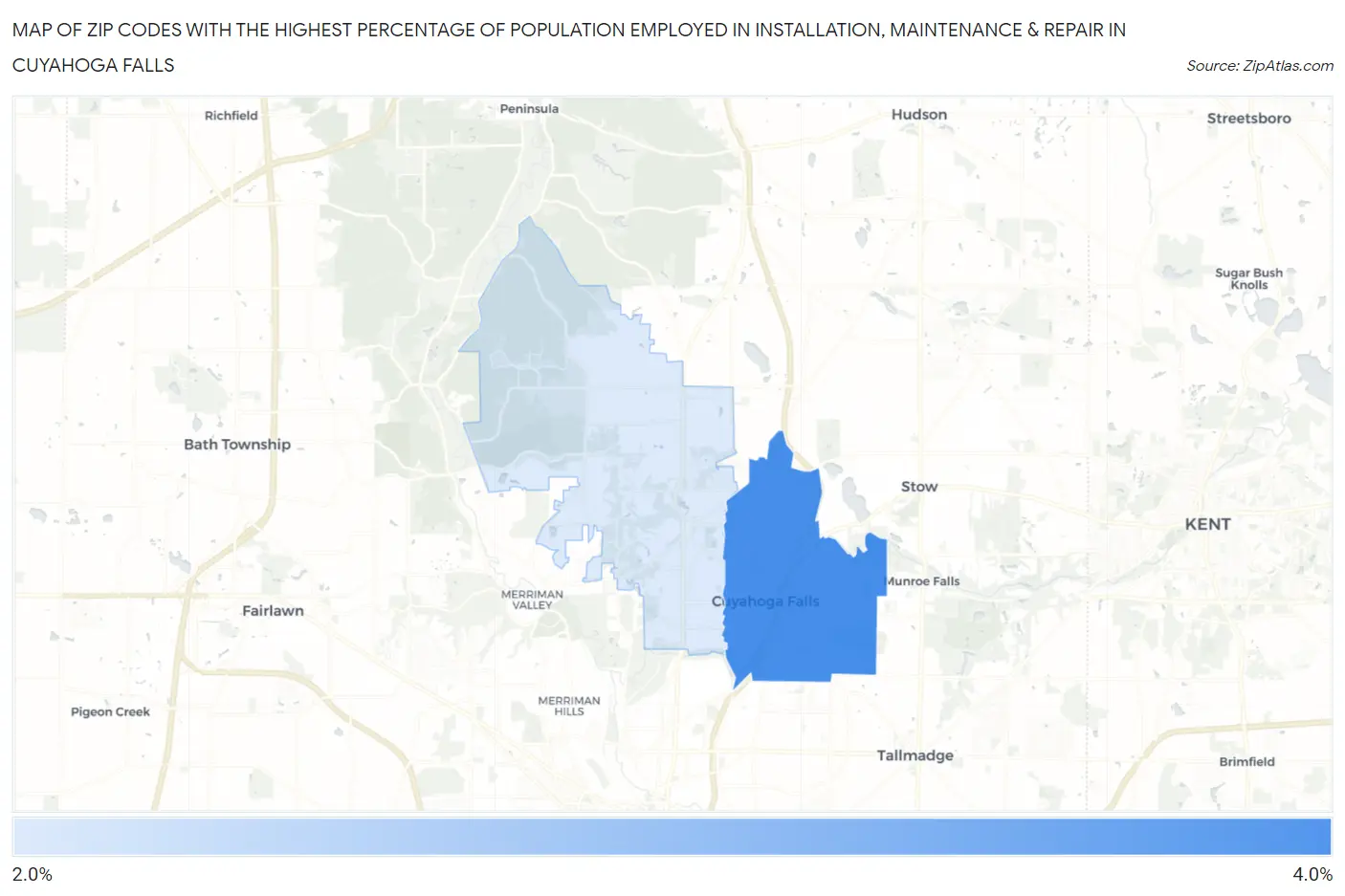 Zip Codes with the Highest Percentage of Population Employed in Installation, Maintenance & Repair in Cuyahoga Falls Map
