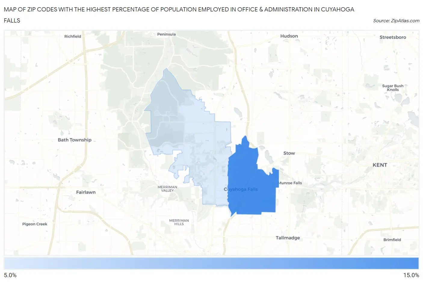 Zip Codes with the Highest Percentage of Population Employed in Office & Administration in Cuyahoga Falls Map