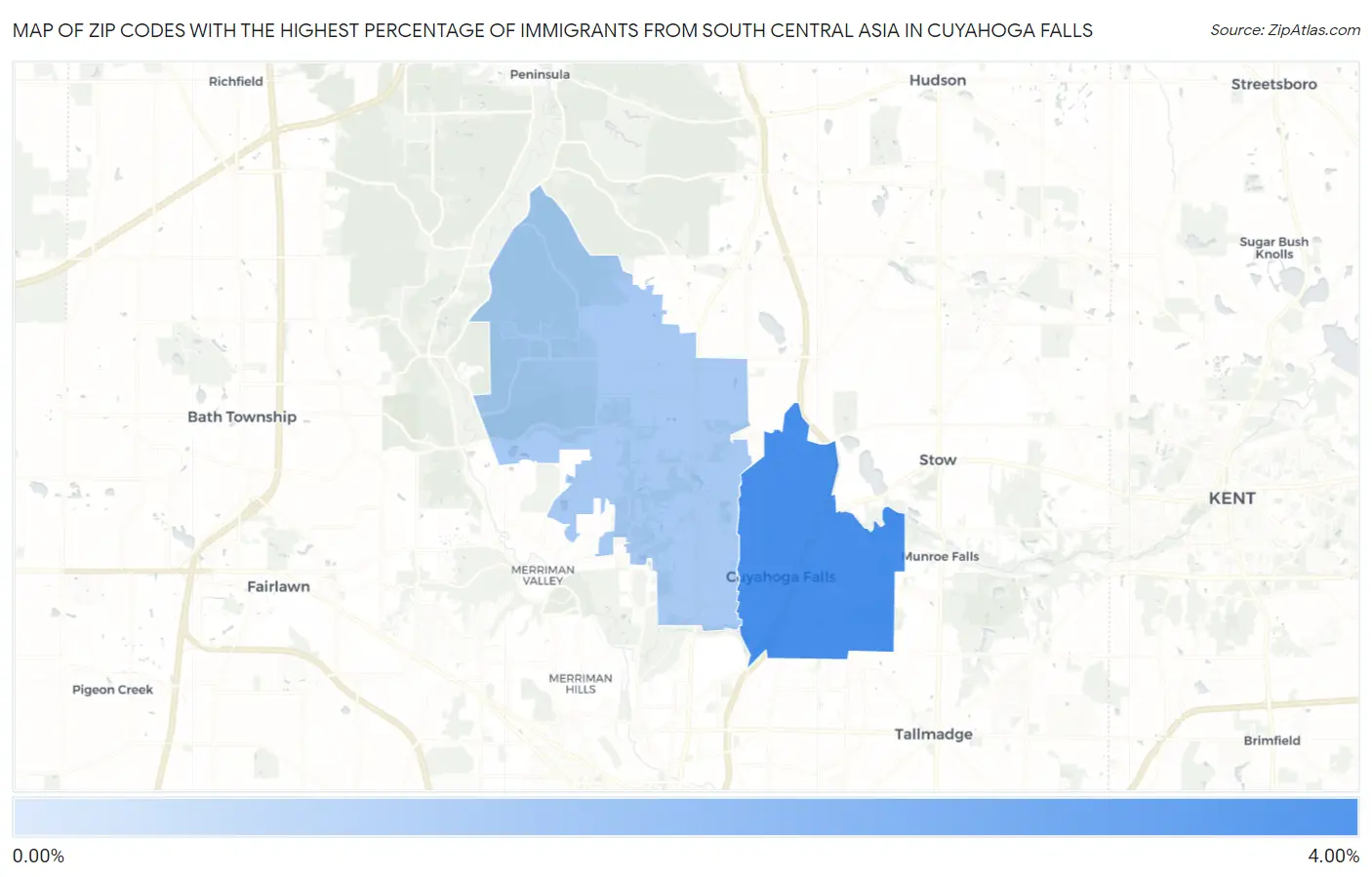 Zip Codes with the Highest Percentage of Immigrants from South Central Asia in Cuyahoga Falls Map