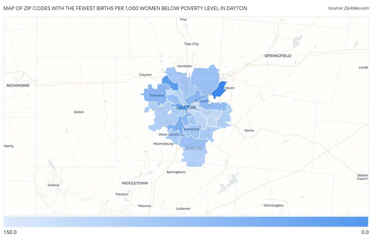 Zip Codes with the Fewest Births per 1,000 Women Below Poverty Level in Dayton Map