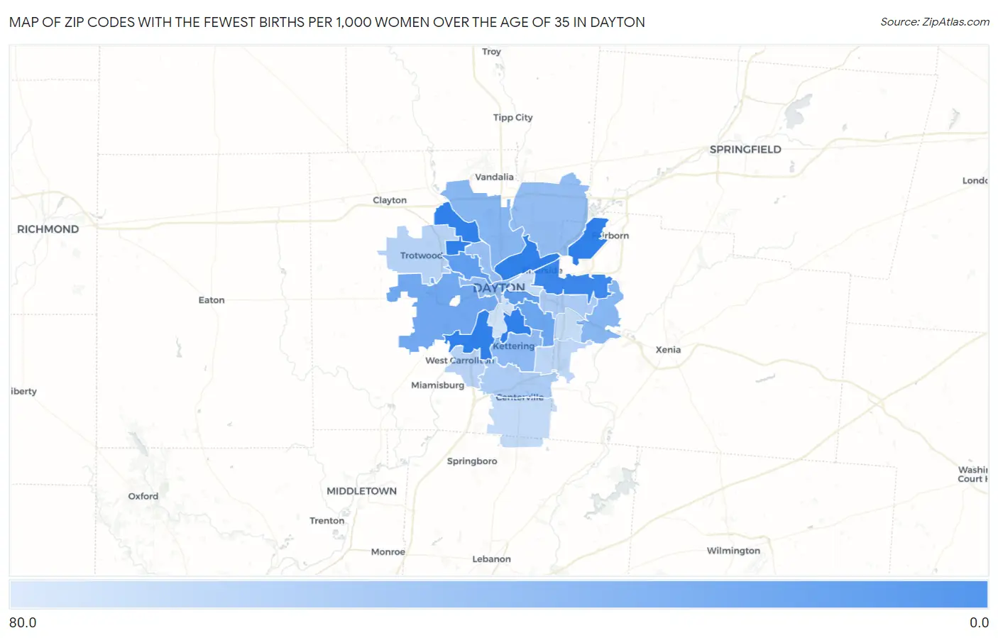 Zip Codes with the Fewest Births per 1,000 Women Over the Age of 35 in Dayton Map