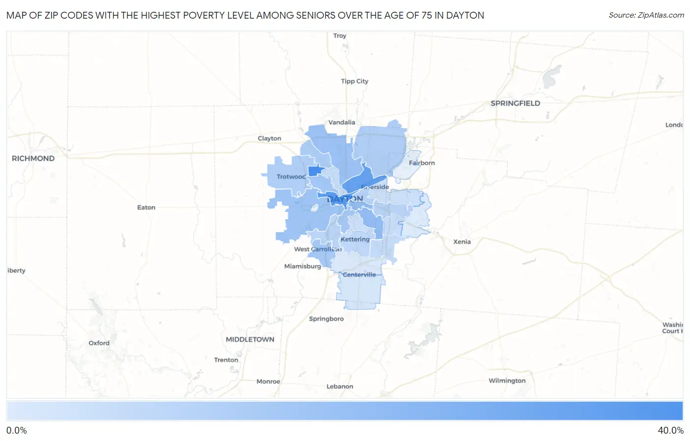 Zip Codes with the Highest Poverty Level Among Seniors Over the Age of 75 in Dayton Map
