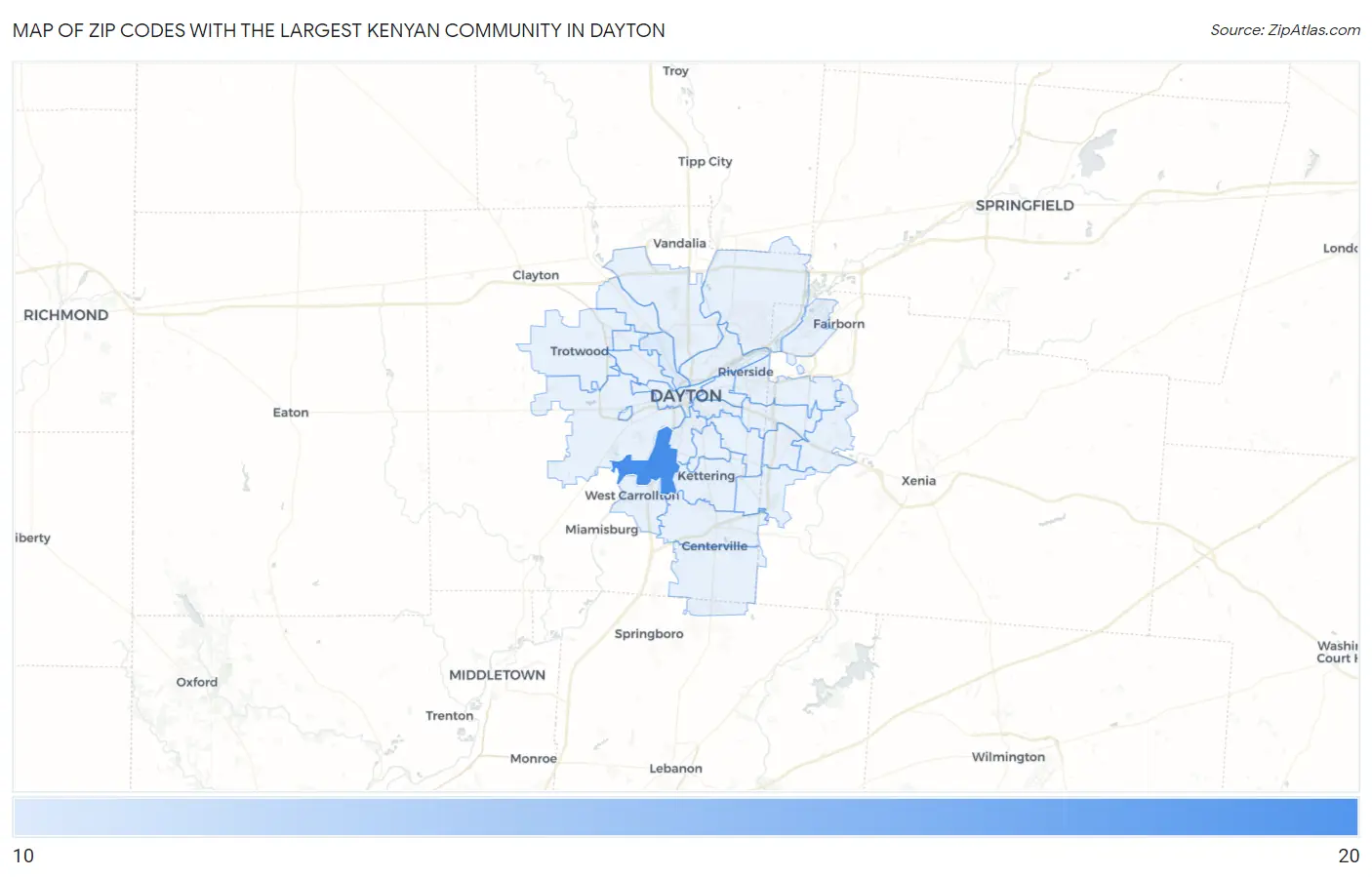 Zip Codes with the Largest Kenyan Community in Dayton Map