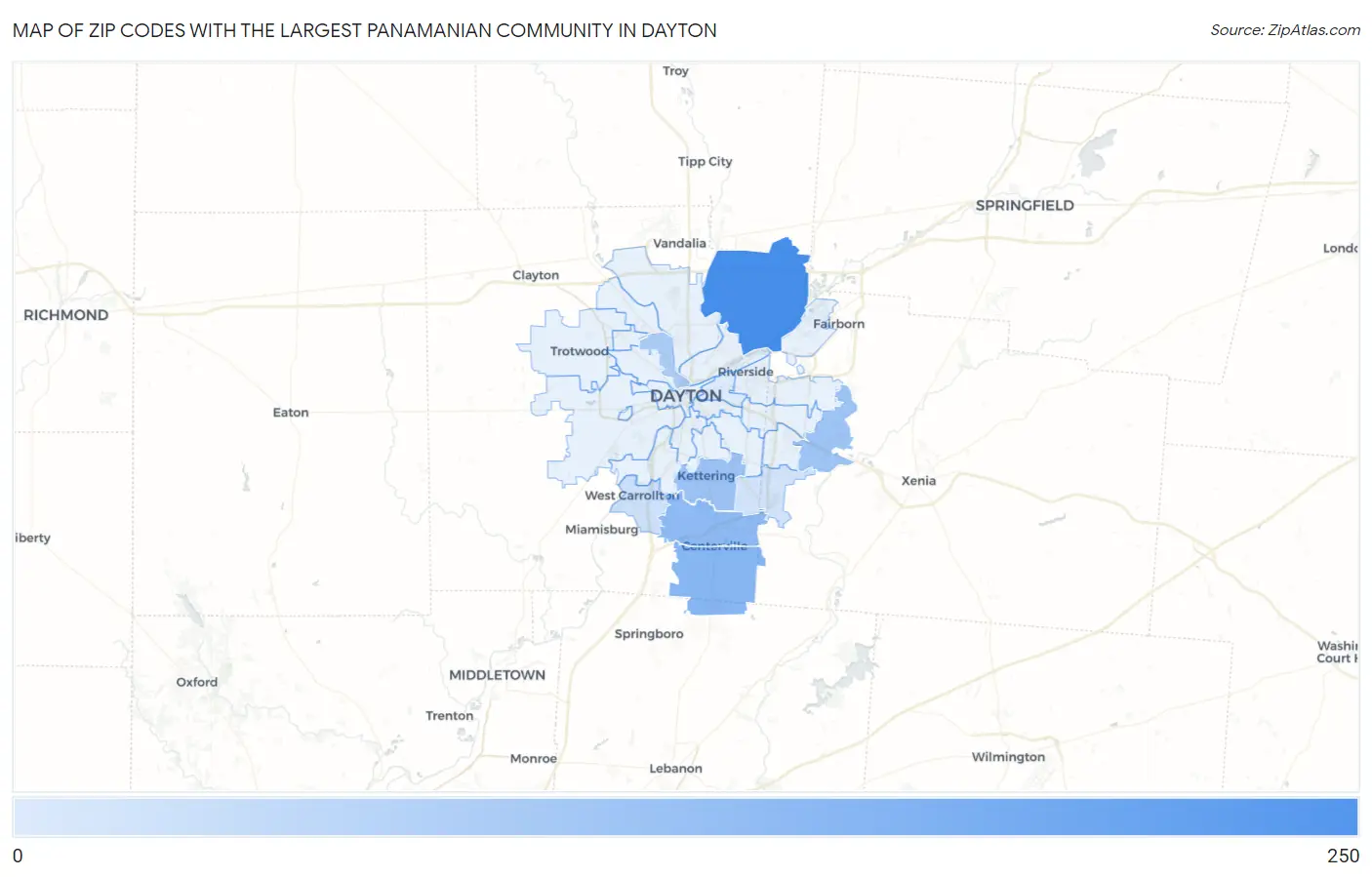 Zip Codes with the Largest Panamanian Community in Dayton Map
