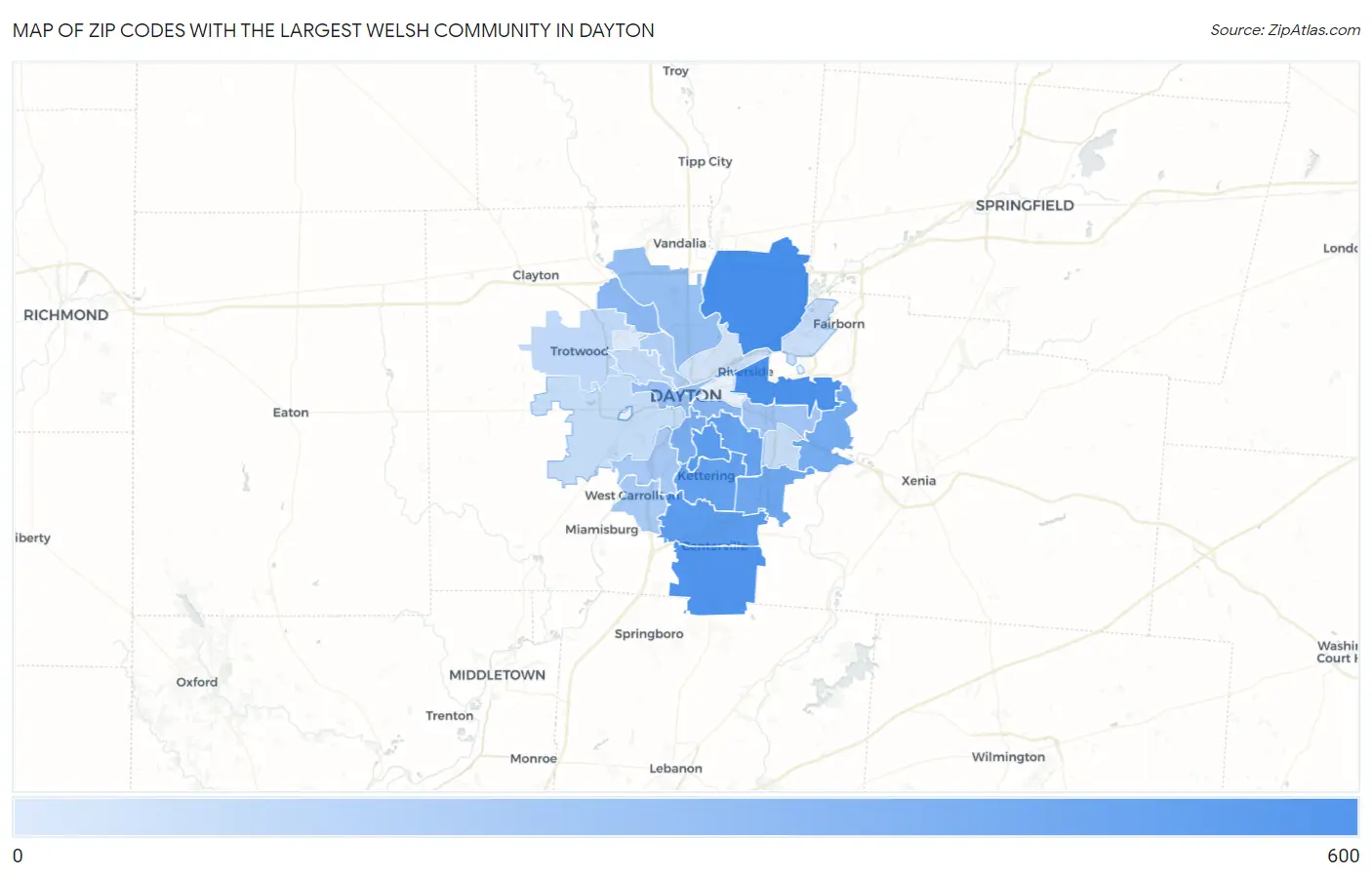 Zip Codes with the Largest Welsh Community in Dayton Map