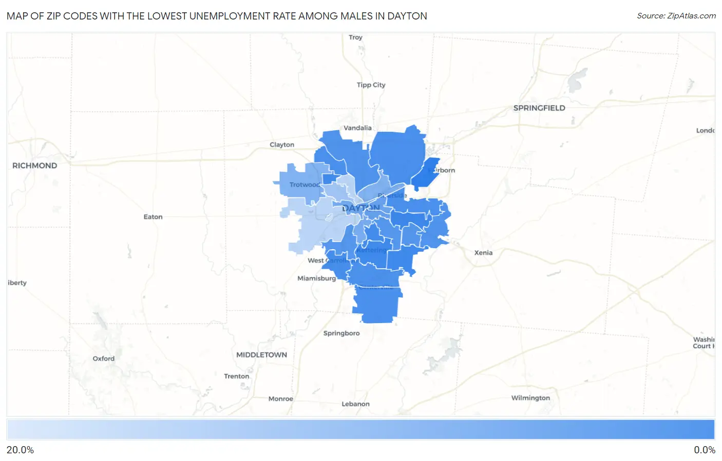 Zip Codes with the Lowest Unemployment Rate Among Males in Dayton Map