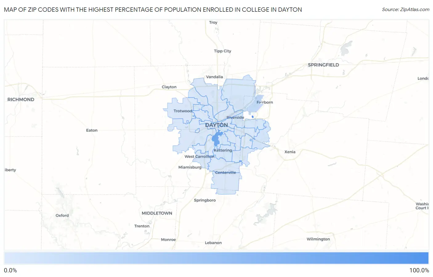 Zip Codes with the Highest Percentage of Population Enrolled in College in Dayton Map