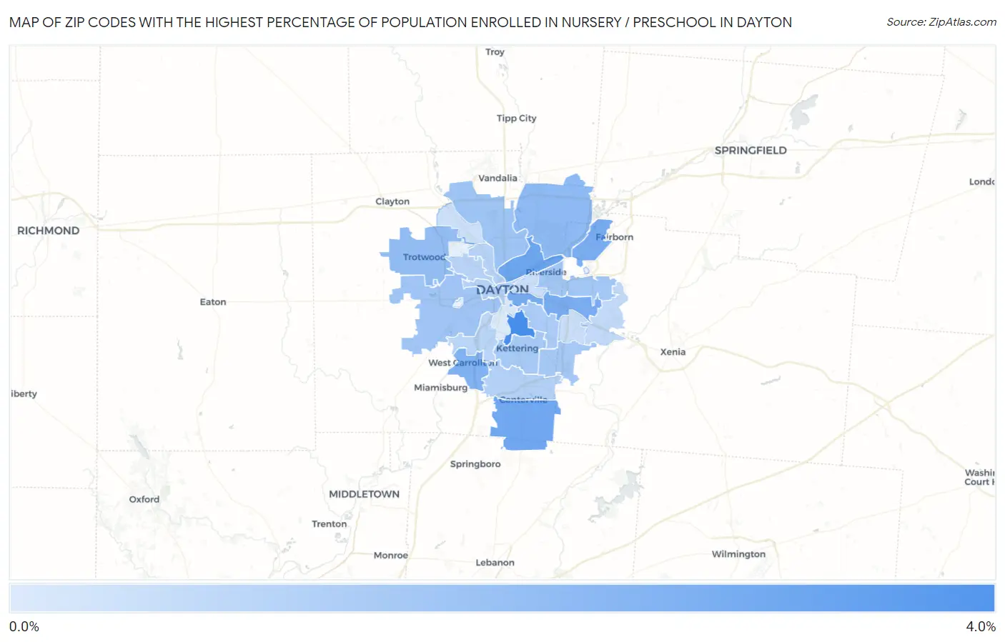 Zip Codes with the Highest Percentage of Population Enrolled in Nursery / Preschool in Dayton Map