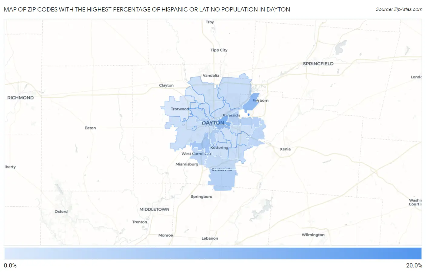 Zip Codes with the Highest Percentage of Hispanic or Latino Population in Dayton Map