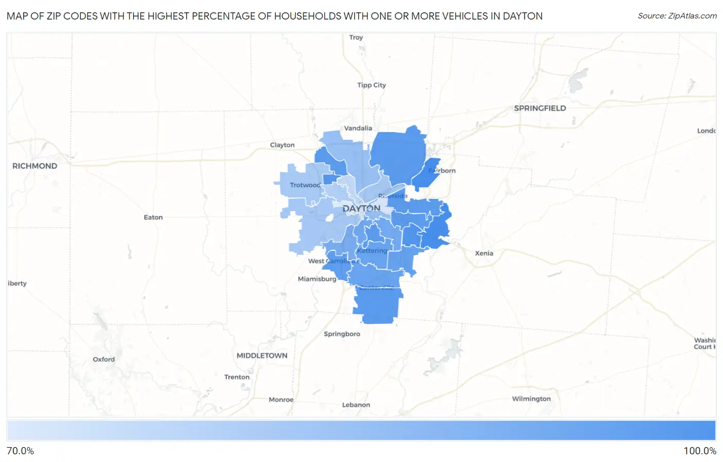 Zip Codes with the Highest Percentage of Households With One or more Vehicles in Dayton Map