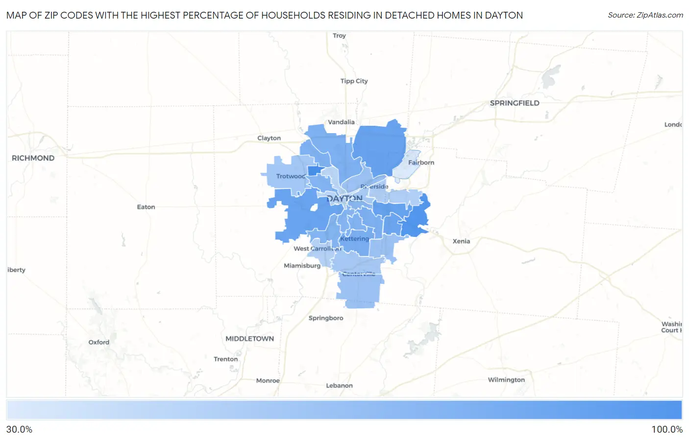 Zip Codes with the Highest Percentage of Households Residing in Detached Homes in Dayton Map