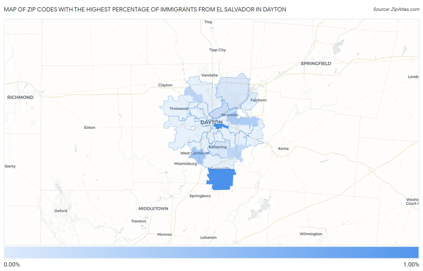 Zip Codes with the Highest Percentage of Immigrants from El Salvador in Dayton Map